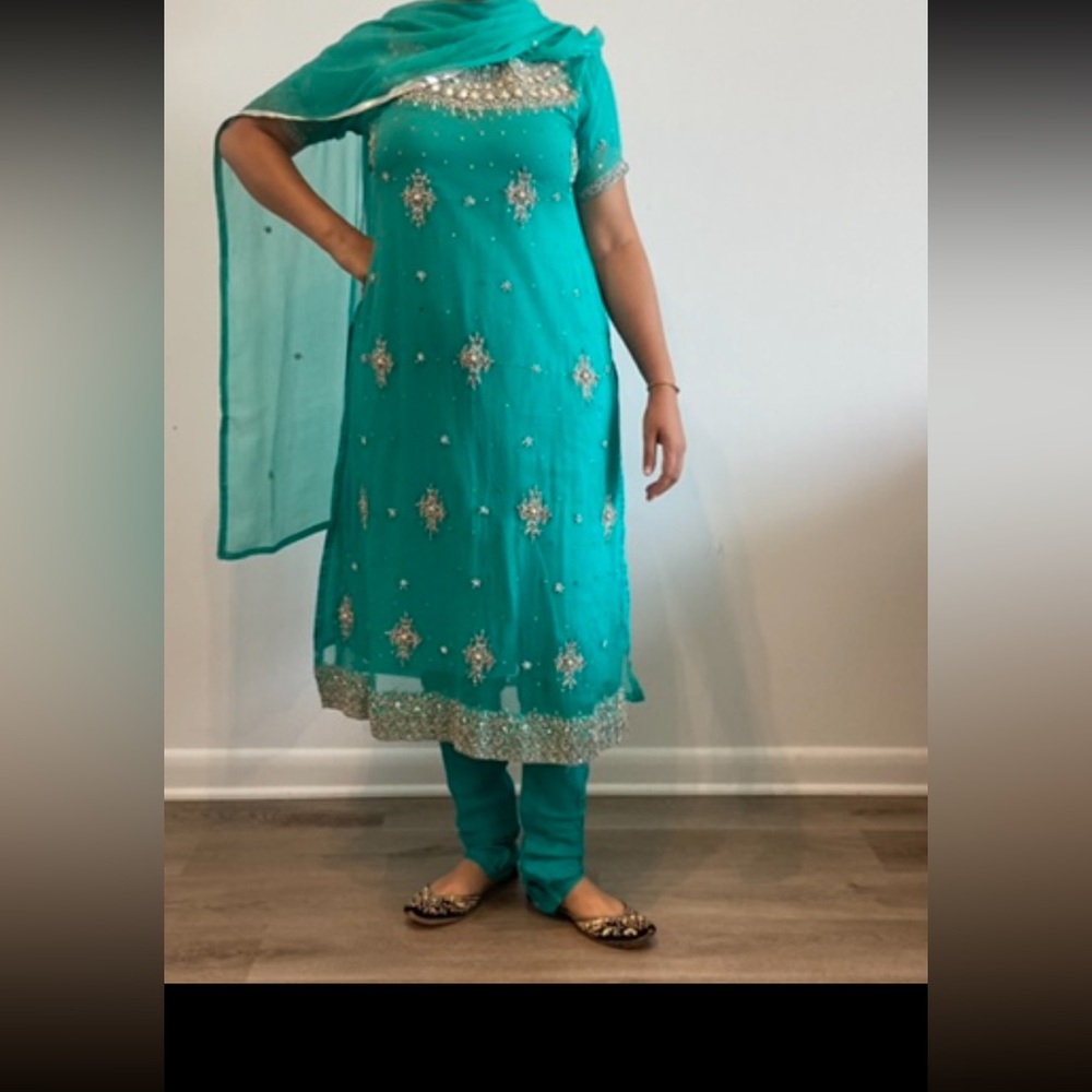 Elegant Teal Embellished Dress with Dupatta